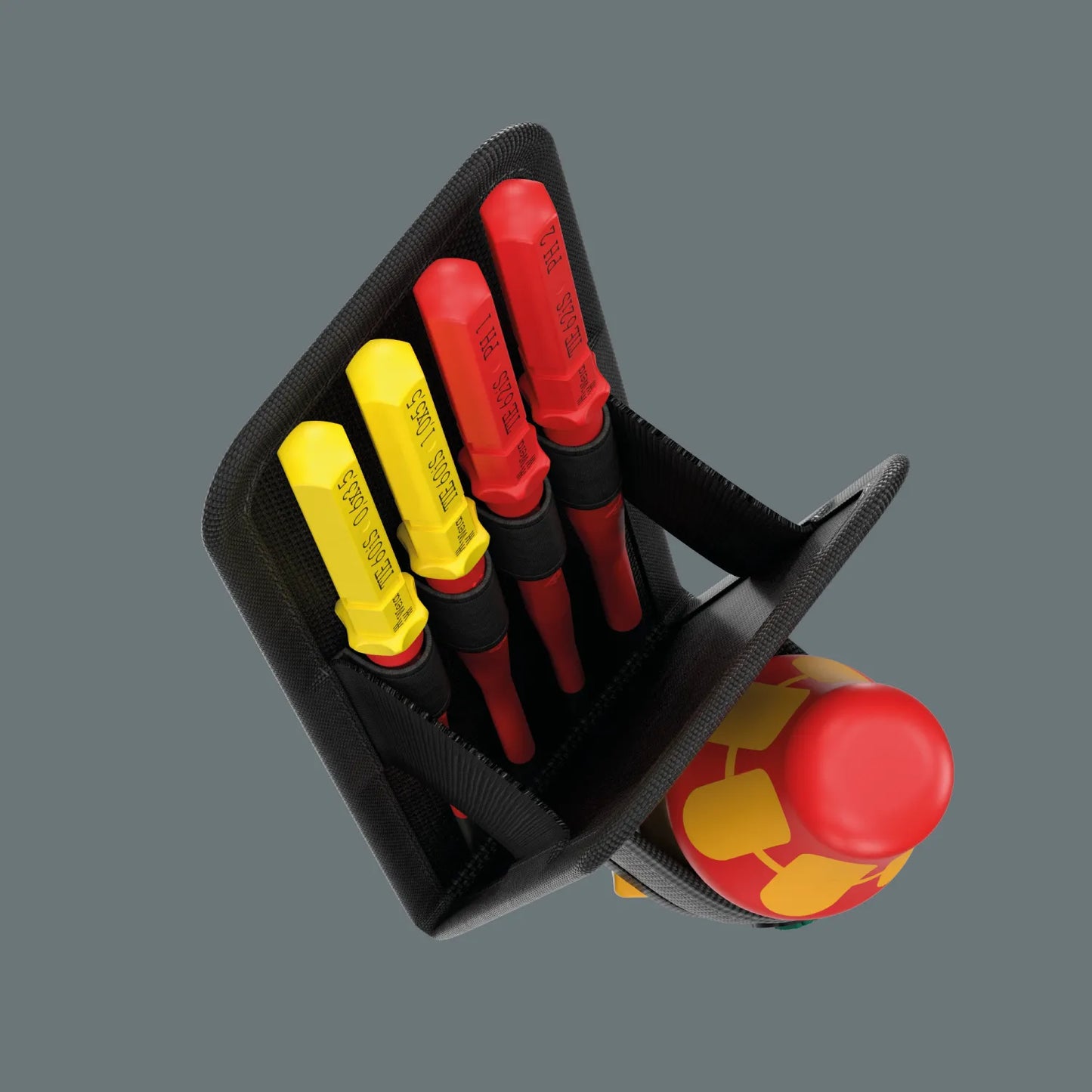 Top view of Wera textile belt holster showing secure storage loops holding VDE insulated interchangeable screwdriver blades.