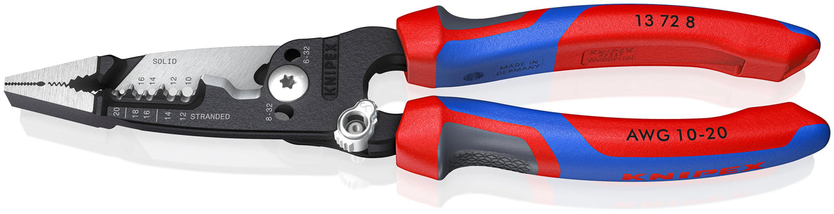 Angled studio view of KNIPEX 13 72 8 Forged Wire Stripper showing AWG 10-20 stripping markings.