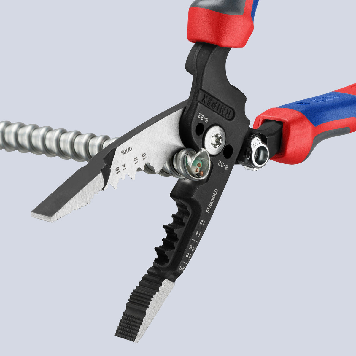 KNIPEX 13 72 8 Forged Wire Stripper cutting flexible armored metallic conduit MC BX electrical cable.