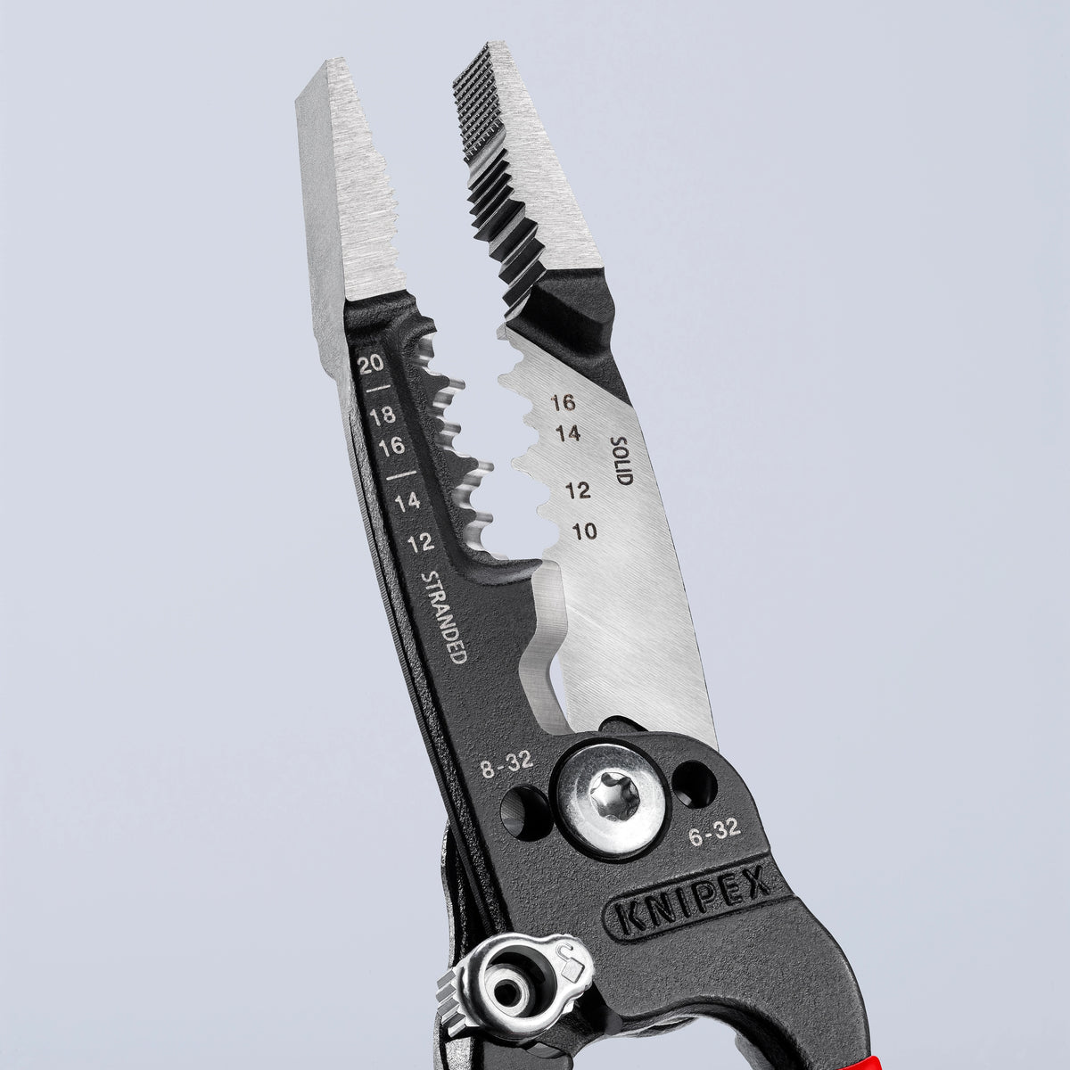 Close-up detail of the precision ground stripping notches and wide gripping jaws on KNIPEX 13 72 8 wire stripper.