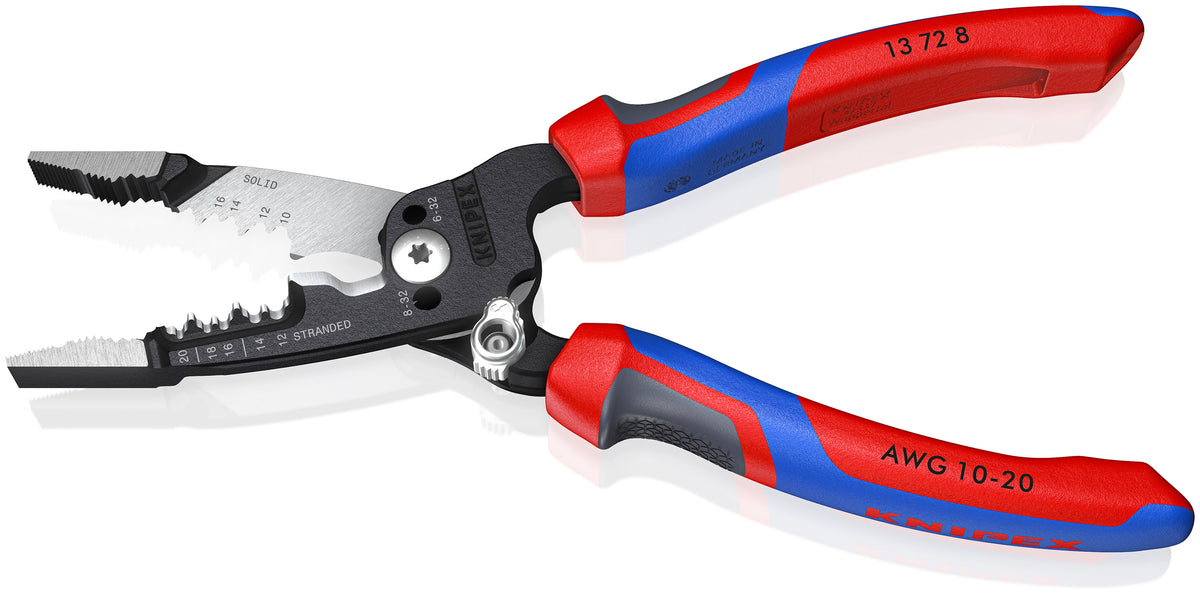 KNIPEX 13 72 8 Forged Wire Stripper with open jaws highlighting solid and stranded wire stripping notches.