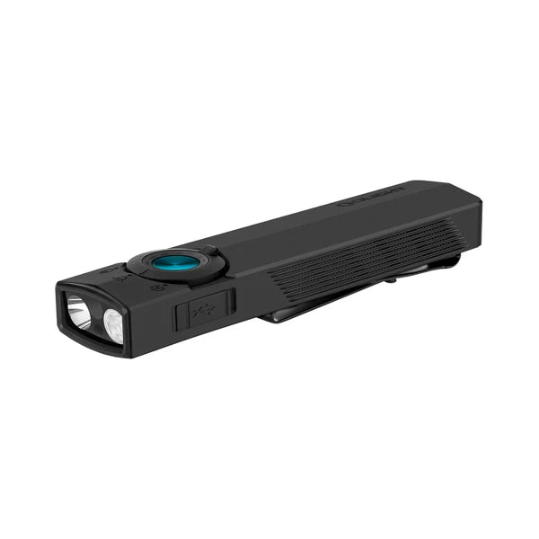 Front perspective view of black Olight ArkPro flashlight displaying dual front optics and side USB-C charging port cover