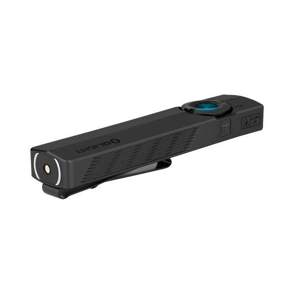 Rear angle of Olight ArkPro flashlight showing magnetic tail charging contact point and laser safety warning marking