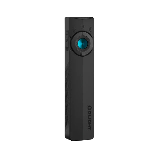 Top view of the black Olight ArkPro flashlight featuring the circular mode selector dial blue central button and side laser control
