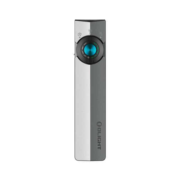 Olight ArkPro Class 3R cool white flat EDC flashlight in two-tone silver graphite with blue center dial accent