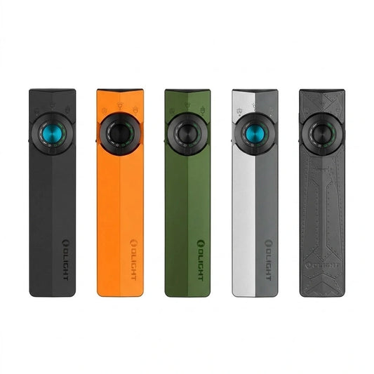 A horizontal lineup of five Olight ArkPro flashlights on a white background, featuring the Matte Black, Safety Orange, OD Green, Silver Graphite, and a limited dark gray textured pattern model.