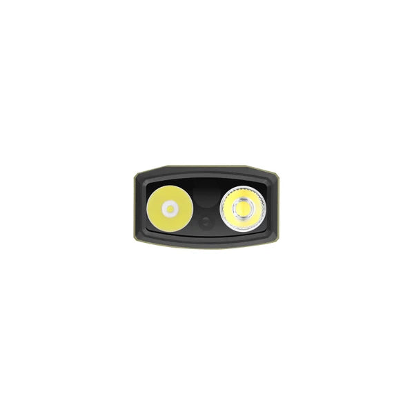 Front close-up of the Olight ArkPro Ultra optical lens array showing the dual spotlight, floodlight, UV, and green laser emitters.