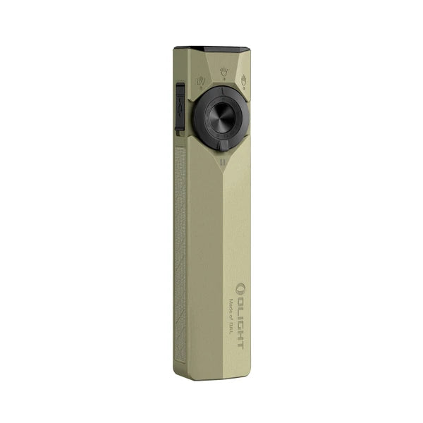 Three-quarter side angle of the Olight ArkPro Ultra in olive green highlighting the side USB-C charging port cover and selector switch.