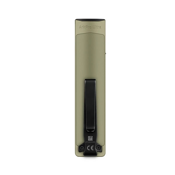 Back view of the olive green Olight ArkPro Ultra flashlight featuring the deep-carry black pocket clip.