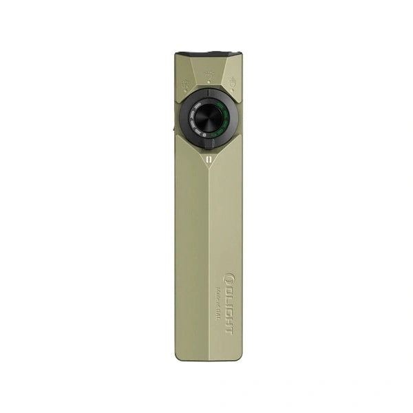 Front view of the Olight ArkPro Ultra flat EDC flashlight in olive green showing the central selector dial and Olight logo.