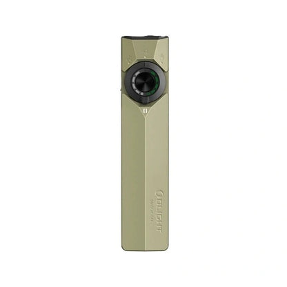 Front view of the Olight ArkPro Ultra flat EDC flashlight in olive green showing the central selector dial and Olight logo.