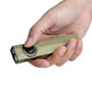 Handheld size demonstration of the compact Olight ArkPro Ultra flat EDC flashlight in olive green.