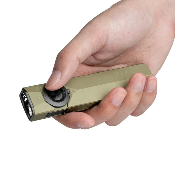 Handheld size demonstration of the compact Olight ArkPro Ultra flat EDC flashlight in olive green.