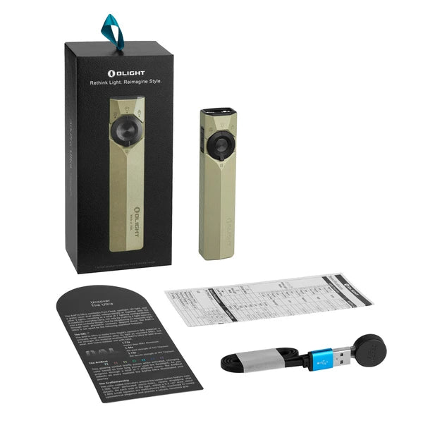 Olight ArkPro Ultra olive green flashlight displayed with its retail box, magnetic charging cable, user manual, and product card.