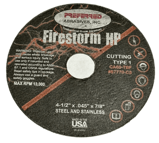 Preferred Abrasives Firestorm HP Cut - Off Wheel CA60 - TBF Type 1 Grit 87770 - C3 - Mr. Tools