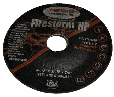 Preferred Abrasives Firestorm HP Cut - Off Wheel CA60 - TBF Type 27 Grit 87770 - C3 - 27 - Mr. Tools