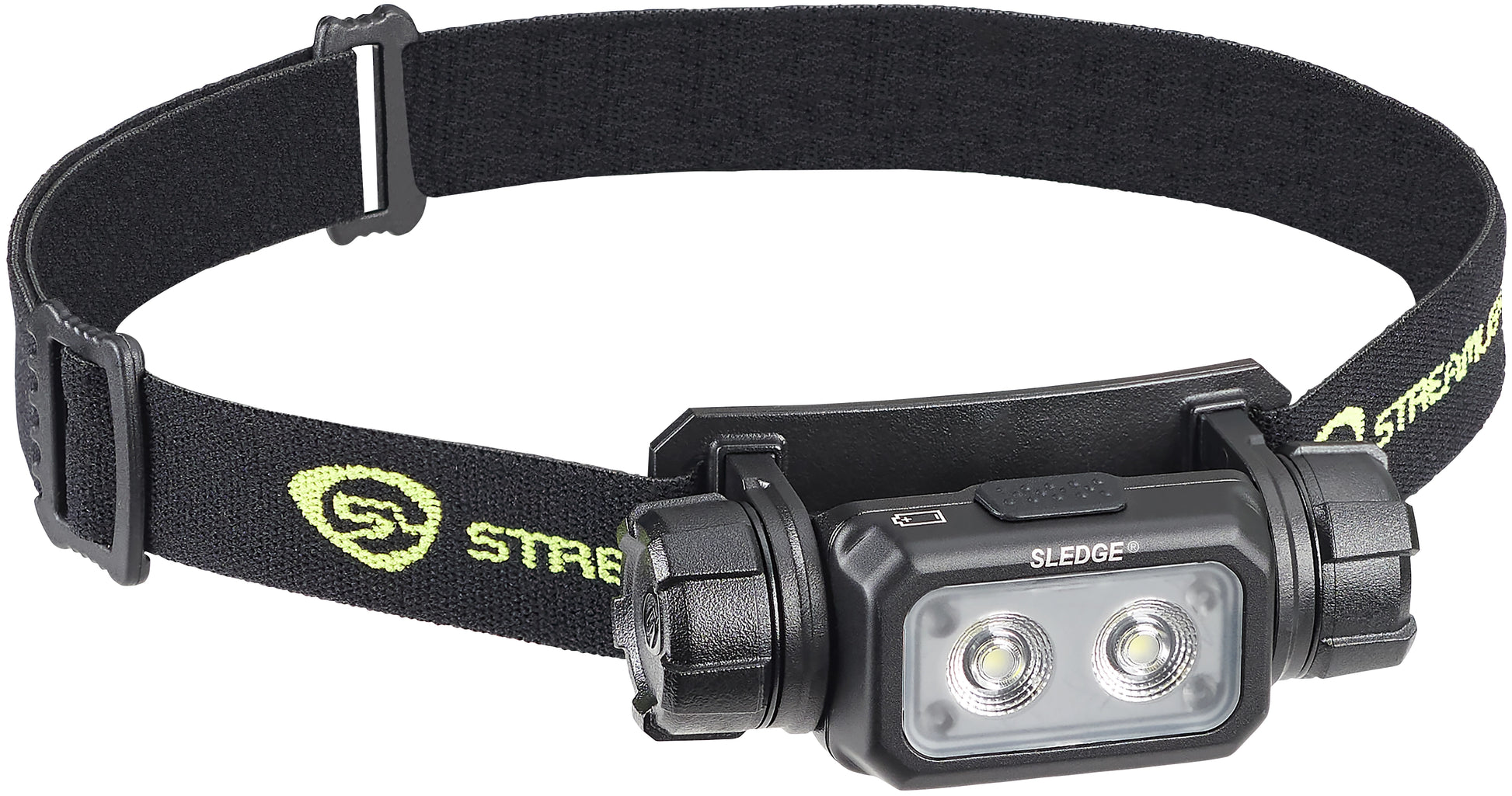 Streamlight Sledge multi-fuel headlamp showing dual LED flood lights and tilting mount.