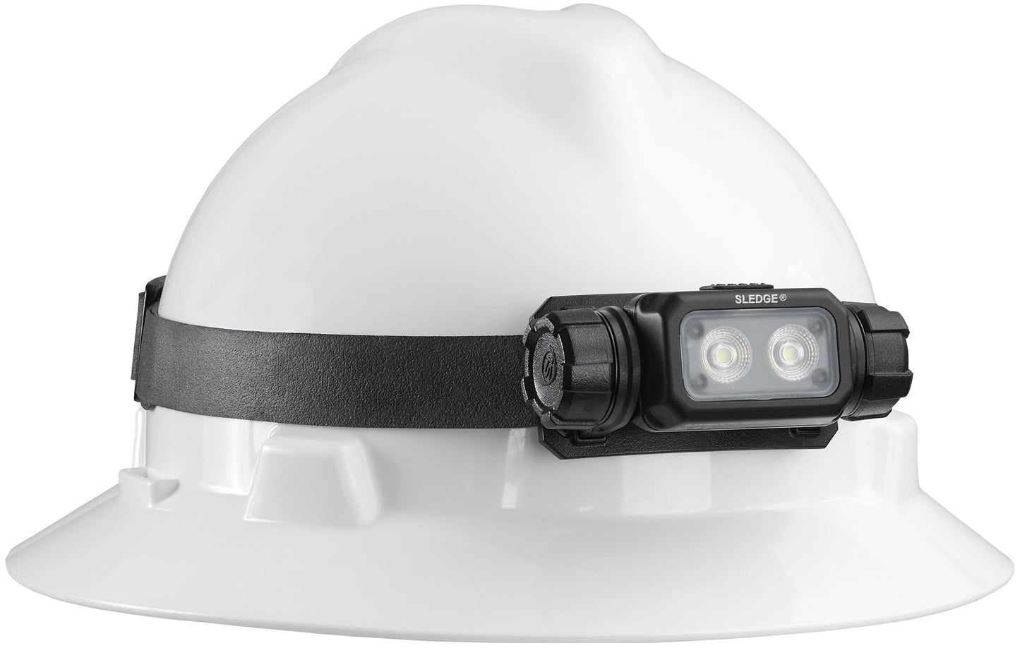 Direct front view of Streamlight Sledge headlamp attached to a white construction hard hat.