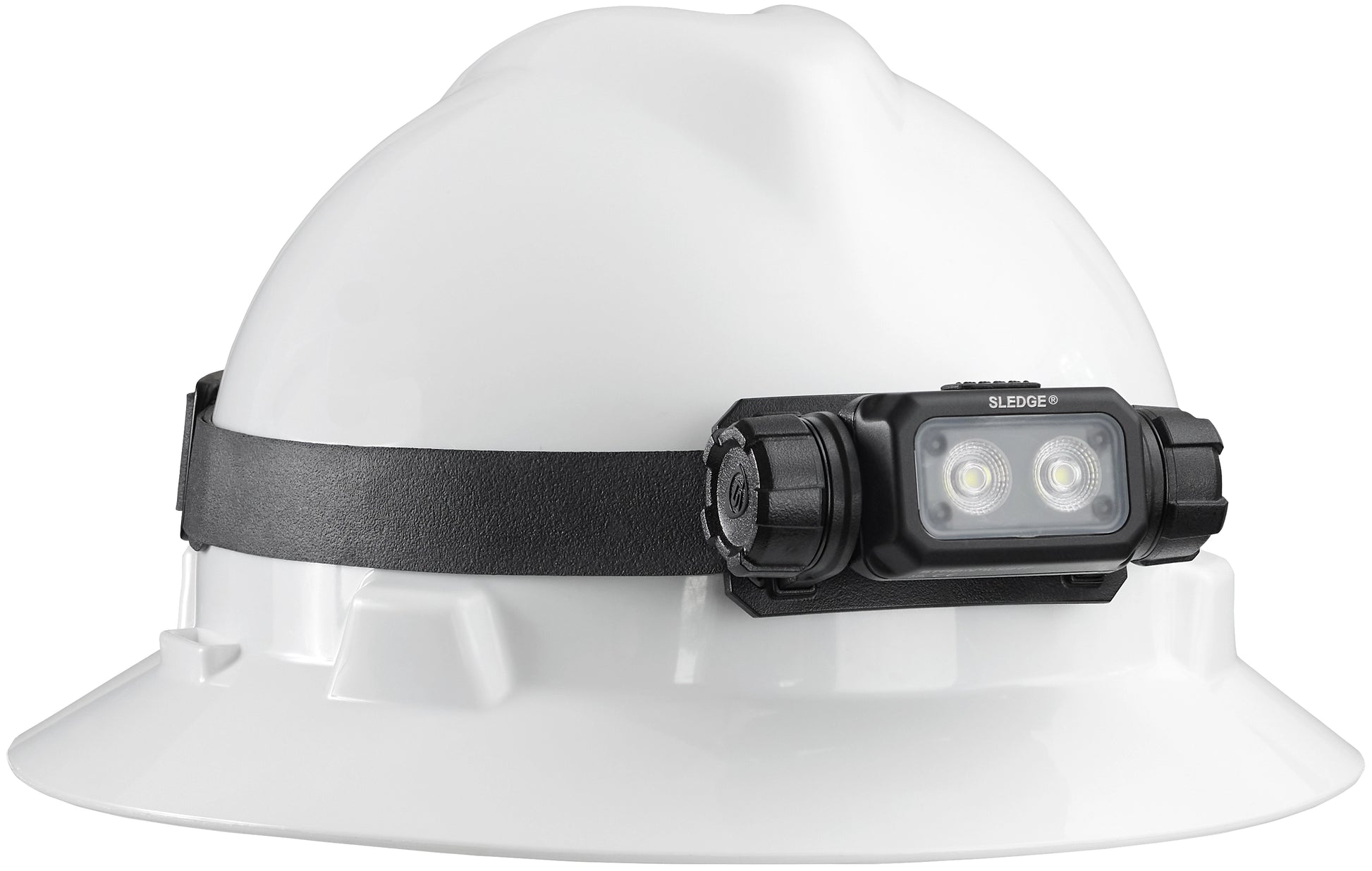 Direct front view of Streamlight Sledge headlamp attached to a white construction hard hat.
