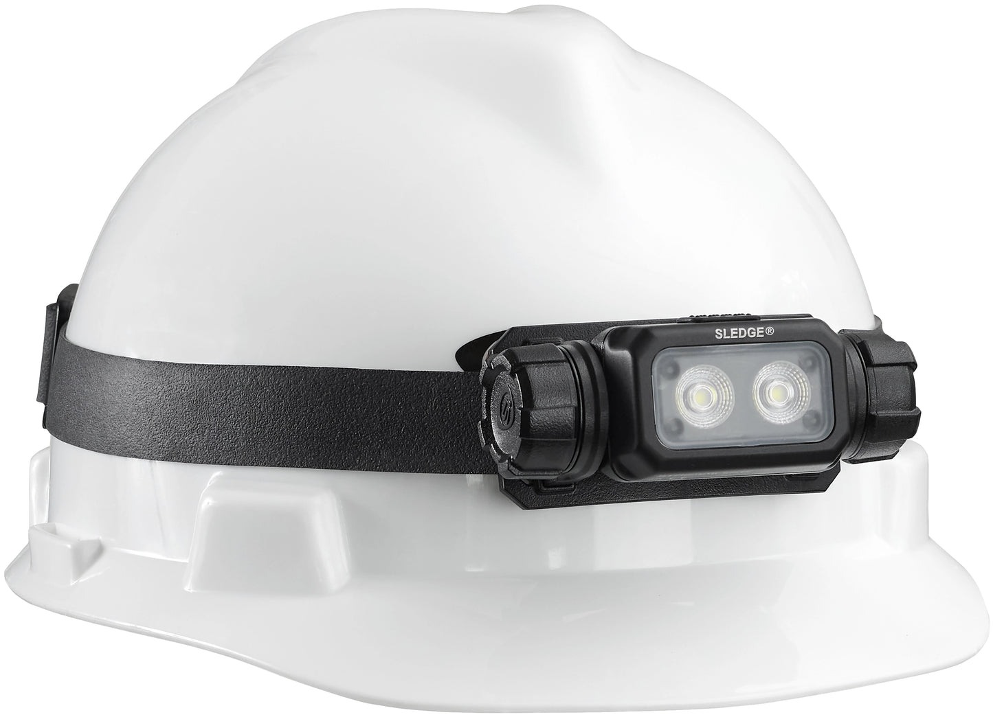 Streamlight Sledge 1000 lumen flood headlamp mounted on a white industrial hard hat.