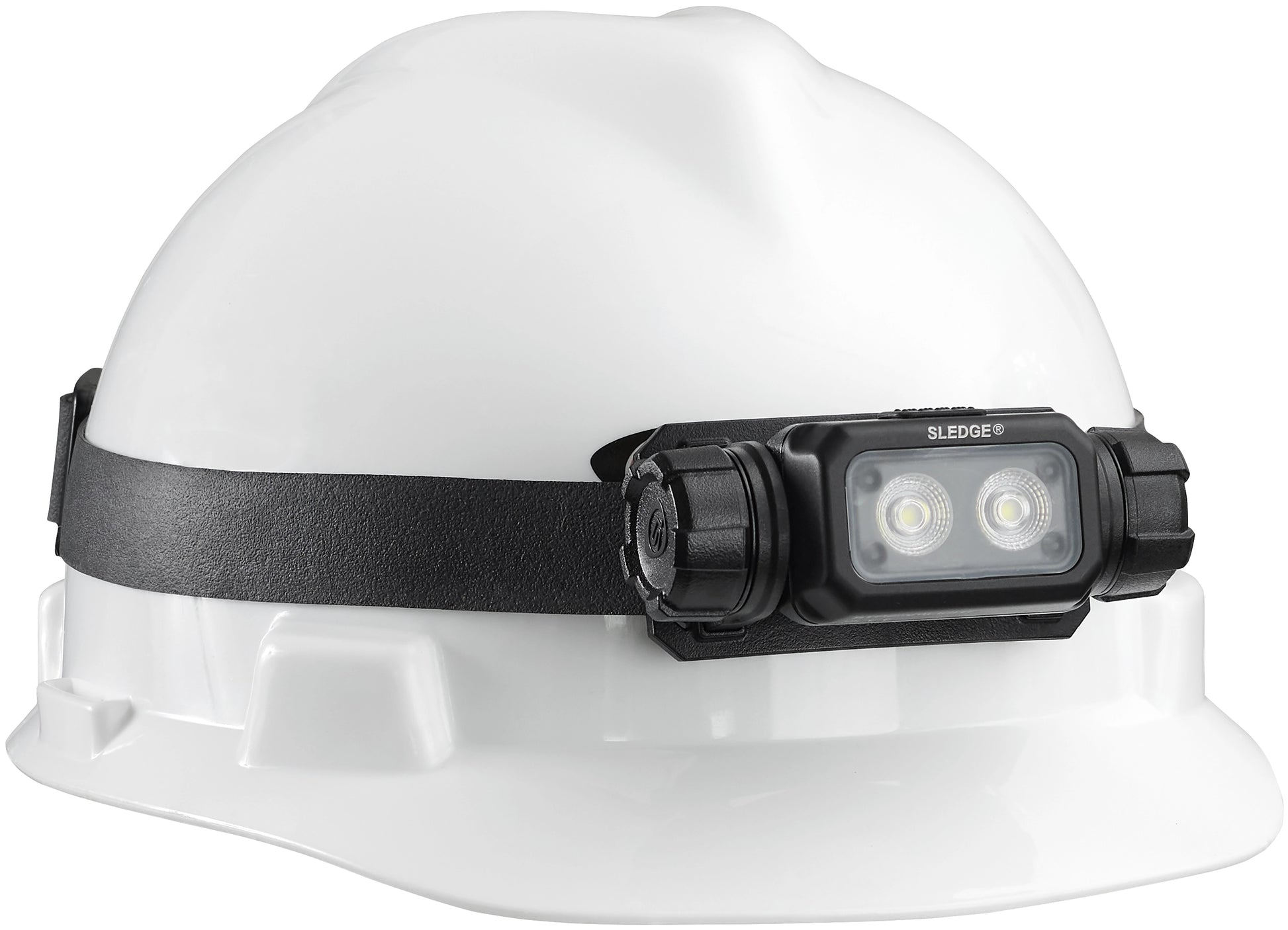 Streamlight Sledge 1000 lumen flood headlamp mounted on a white industrial hard hat.
