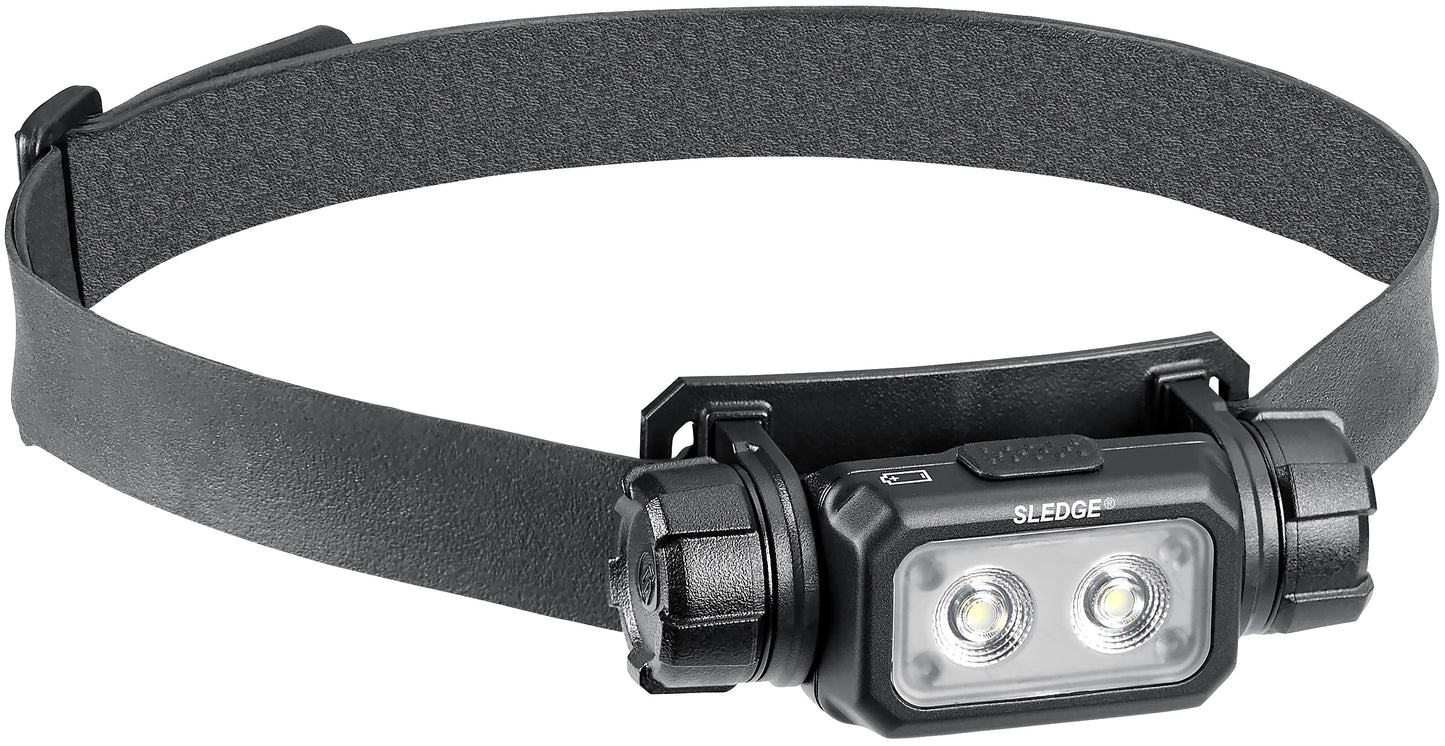 Streamlight Sledge headlamp fitted with heavy-duty rubber hard hat strap.