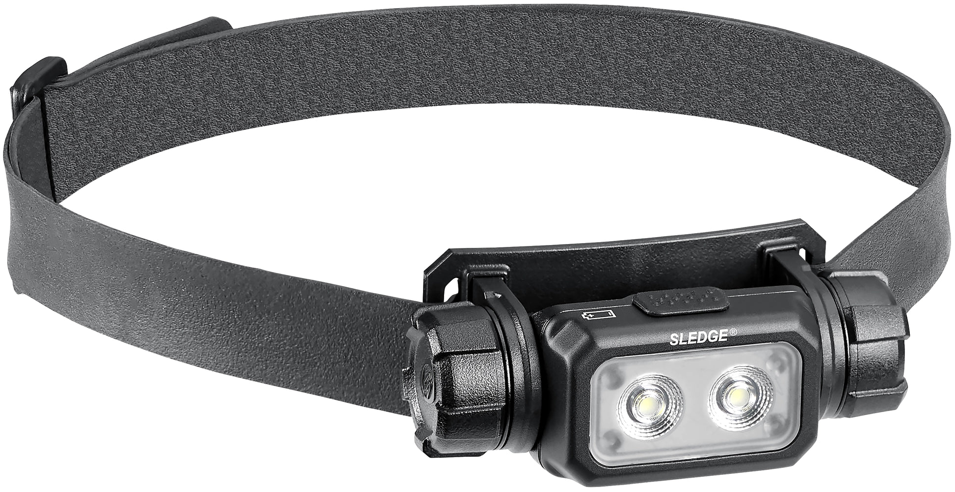 Streamlight Sledge headlamp fitted with heavy-duty rubber hard hat strap.