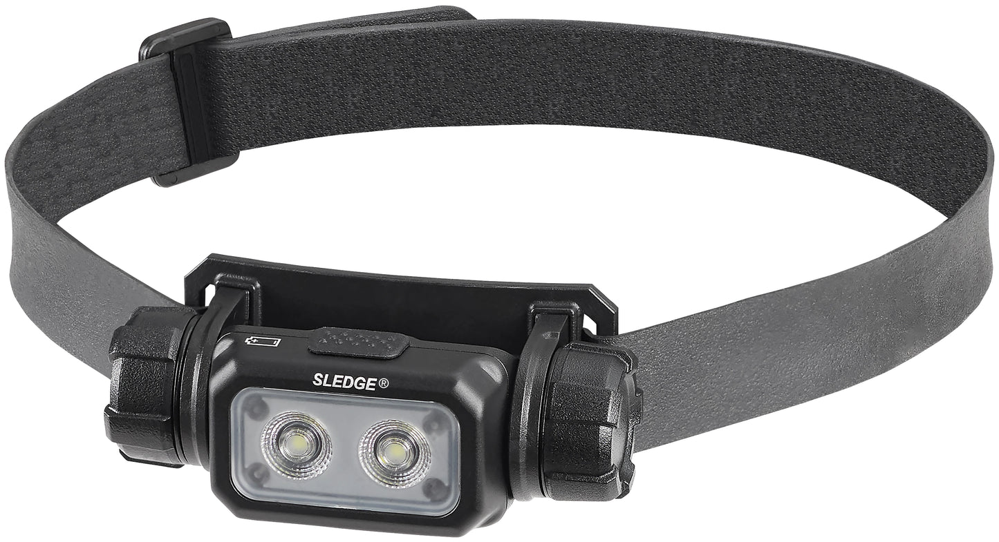 Front view of Streamlight Sledge rechargeable LED headlamp with rubber strap.