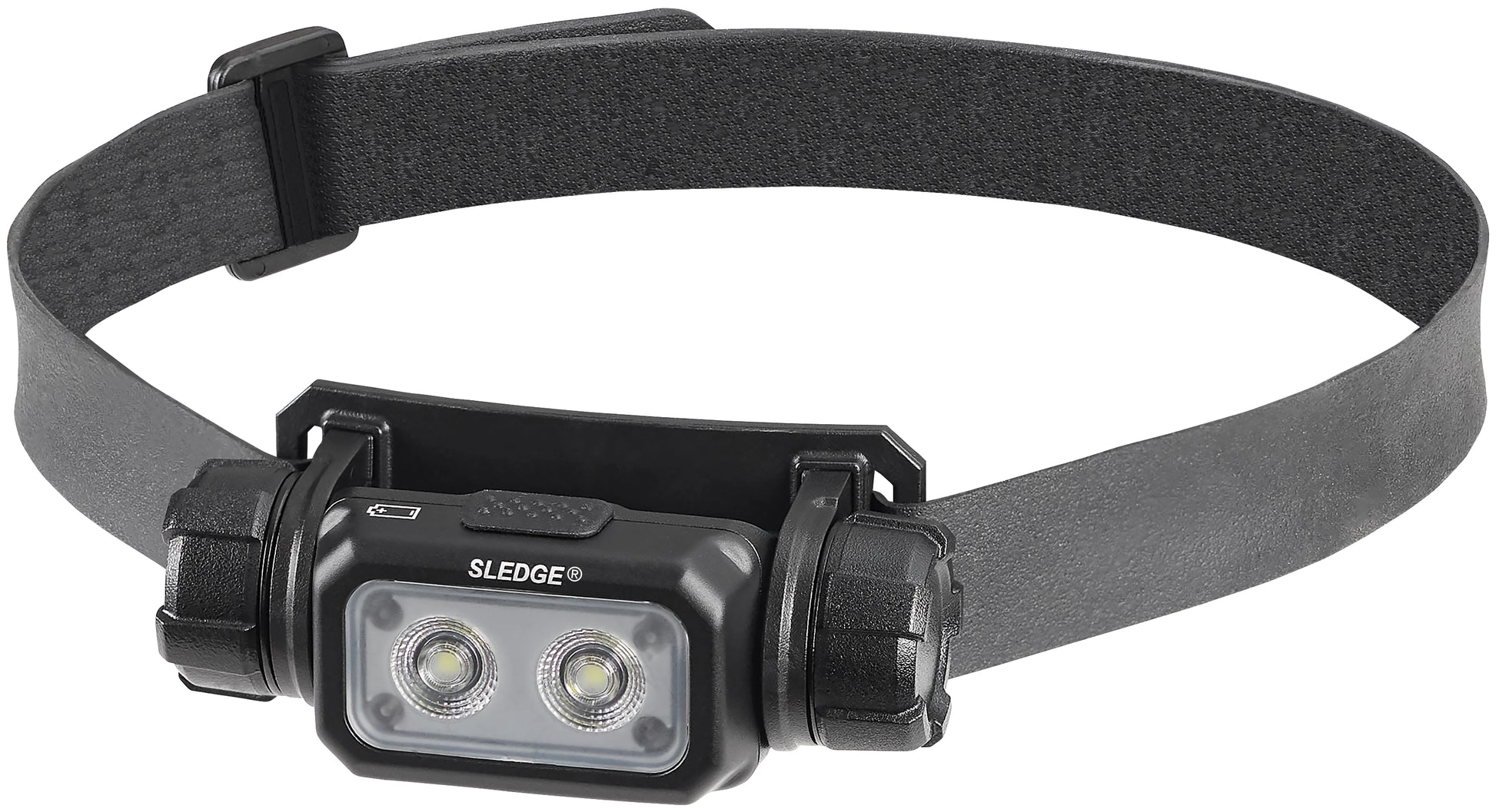 Front view of Streamlight Sledge rechargeable LED headlamp with rubber strap.