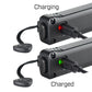 Split-screen detail view demonstrating the Streamlight Wedge XT battery indicator light, showing the red LED illuminating during the charging process and the green LED indicating a fully charged state.