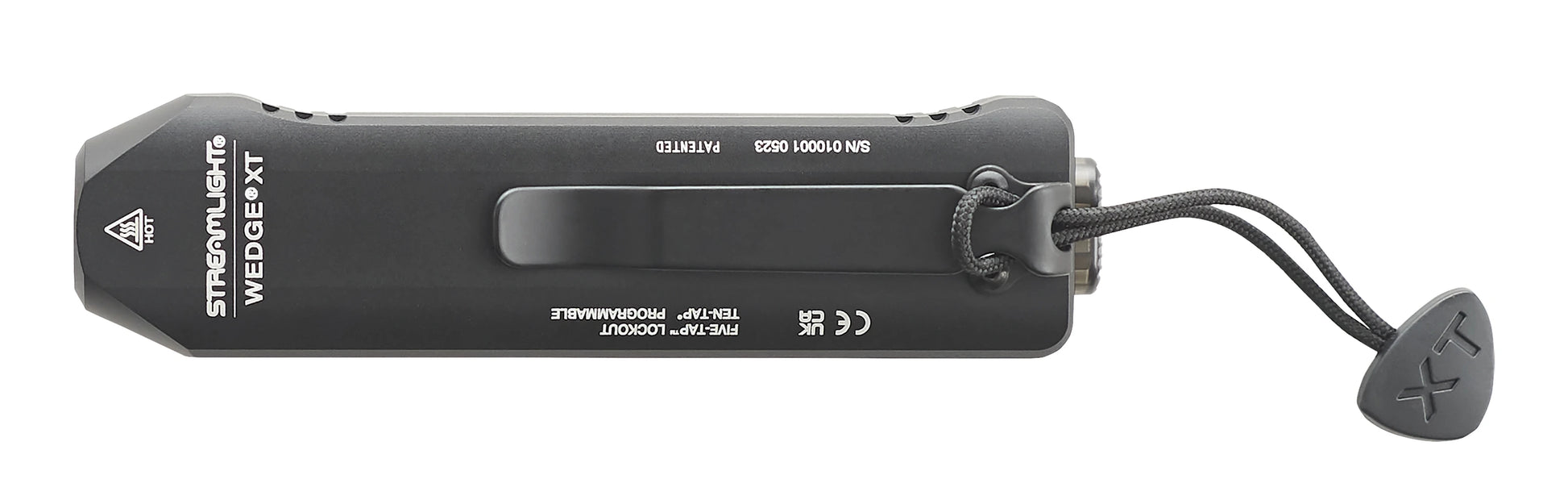 Top-down flat profile view of the black Streamlight Wedge XT EDC flashlight, focusing on the heavy-duty black pocket clip, printed model branding, and the attached tactical wrist lanyard with a branded toggle.