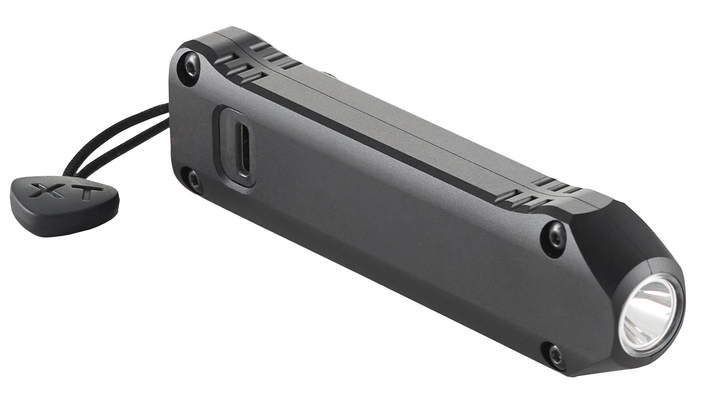 Underside view of the black Streamlight Wedge XT flashlight, showcasing the integrated, low-profile USB-C charging port location near the tail section.