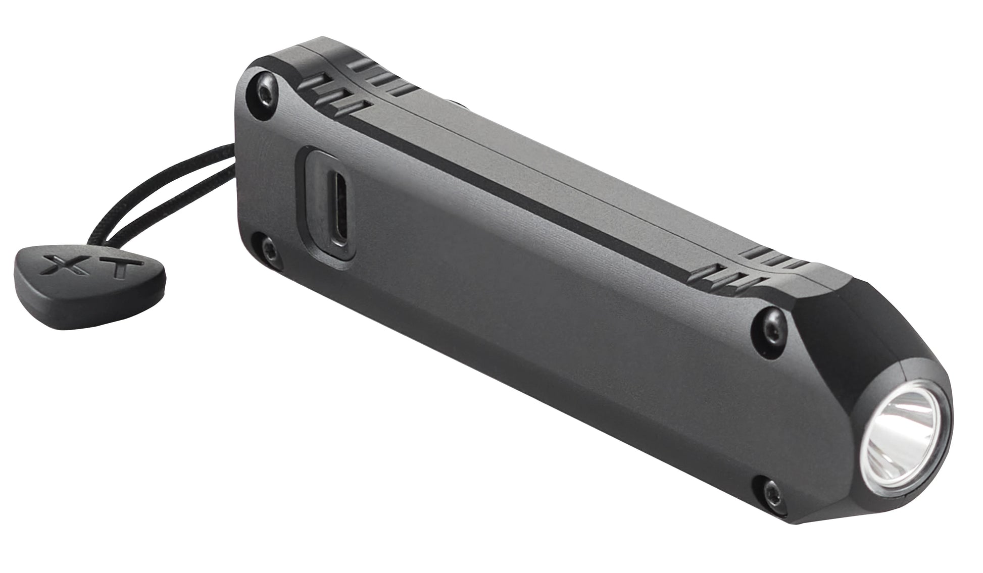Underside view of the black Streamlight Wedge XT flashlight, showcasing the integrated, low-profile USB-C charging port location near the tail section.