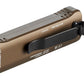 Side view profile of the coyote brown Streamlight Wedge XT high-performance rechargeable everyday carry (EDC) flashlight, showcasing its low-profile ergonomic aluminum body, heavy-duty black pocket clip, and attached tactical wrist lanyard.
