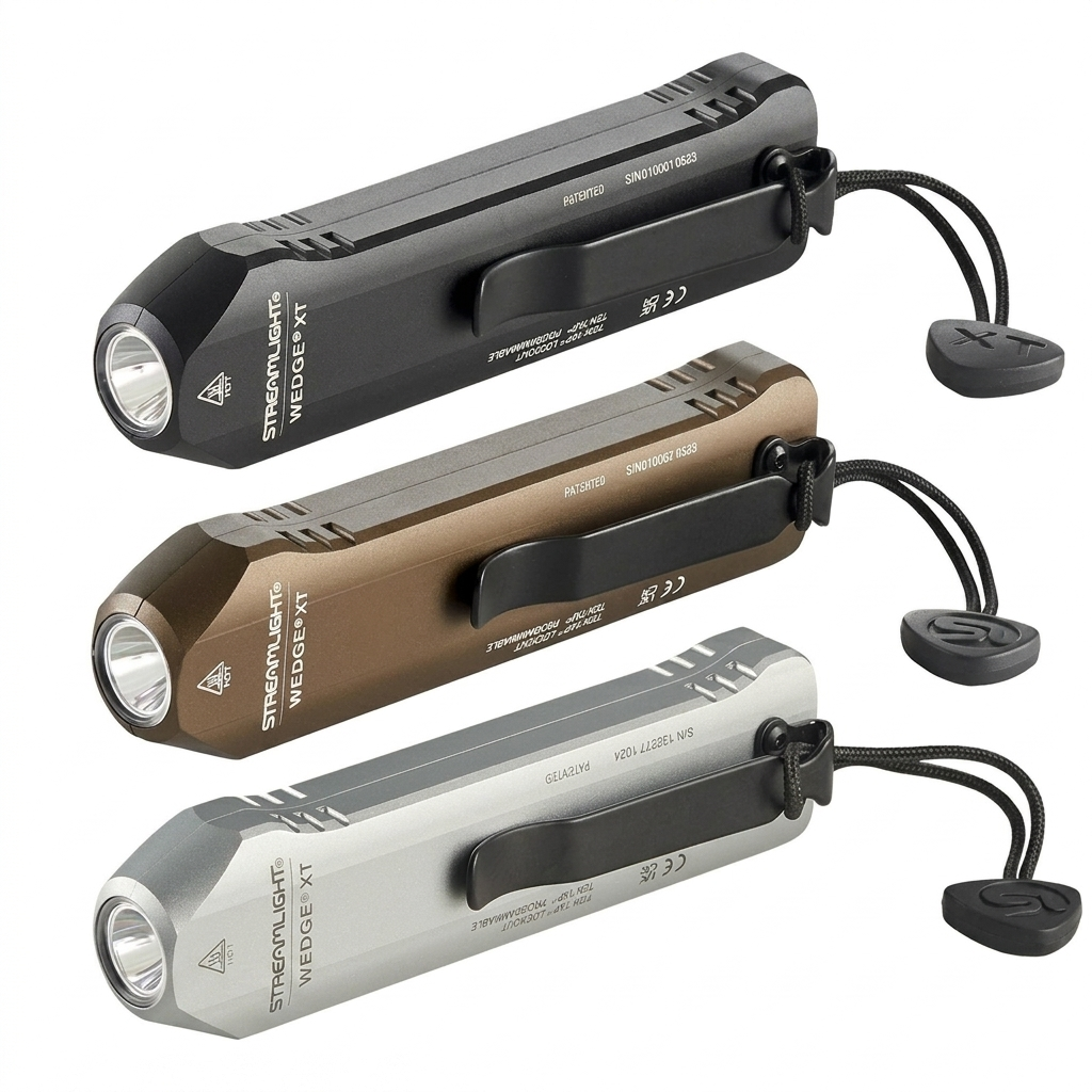 Streamlight Wedge XT ultra-compact rechargeable everyday carry flashlight lineup at Mr. Tools, featuring the 500-lumen black, coyote brown, and silver anodized aluminum pocket models.