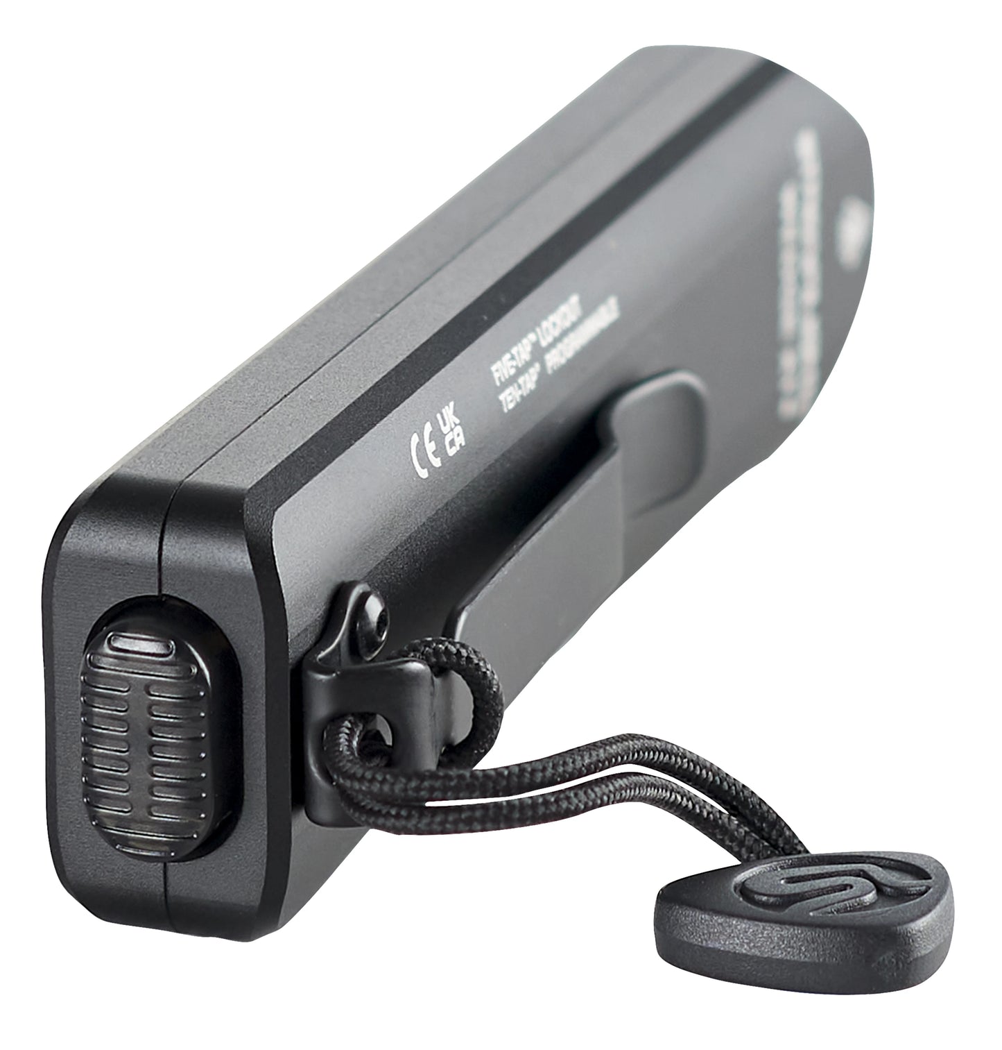 Close-up rear angle view of the textured tactical push-button tail switch and lanyard attachment point on the black Streamlight Wedge XT everyday carry flashlight.