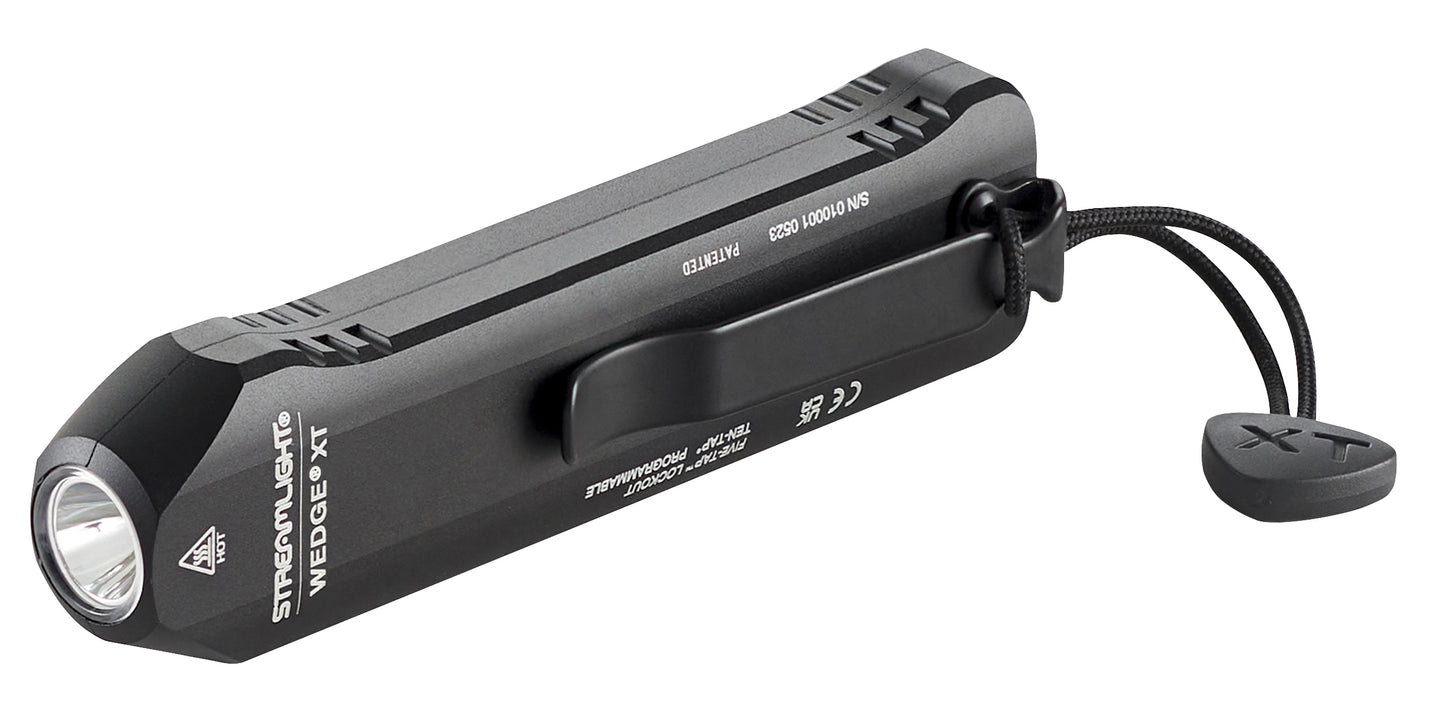 Side view profile of the black Streamlight Wedge XT high-performance rechargeable everyday carry (EDC) flashlight, showing its low-profile ergonomic aluminum body, heavy-duty black pocket clip, and attached tactical wrist lanyard.