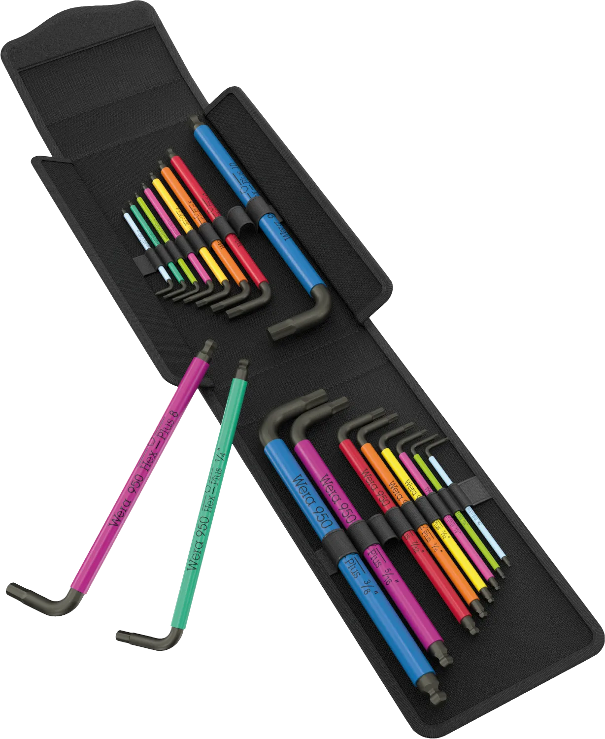 Wera 05133286001 Big Pack Multicolour Hex-Plus 19-piece L-key set in open textile pouch displaying metric and imperial keys with loose 8mm and 1/4 inch keys.