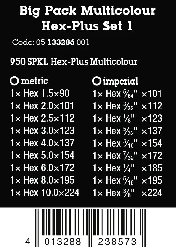 Wera 05133286001 Big Pack Multicolour Hex-Plus Set 1 packaging label displaying full metric and imperial size specs and barcode.