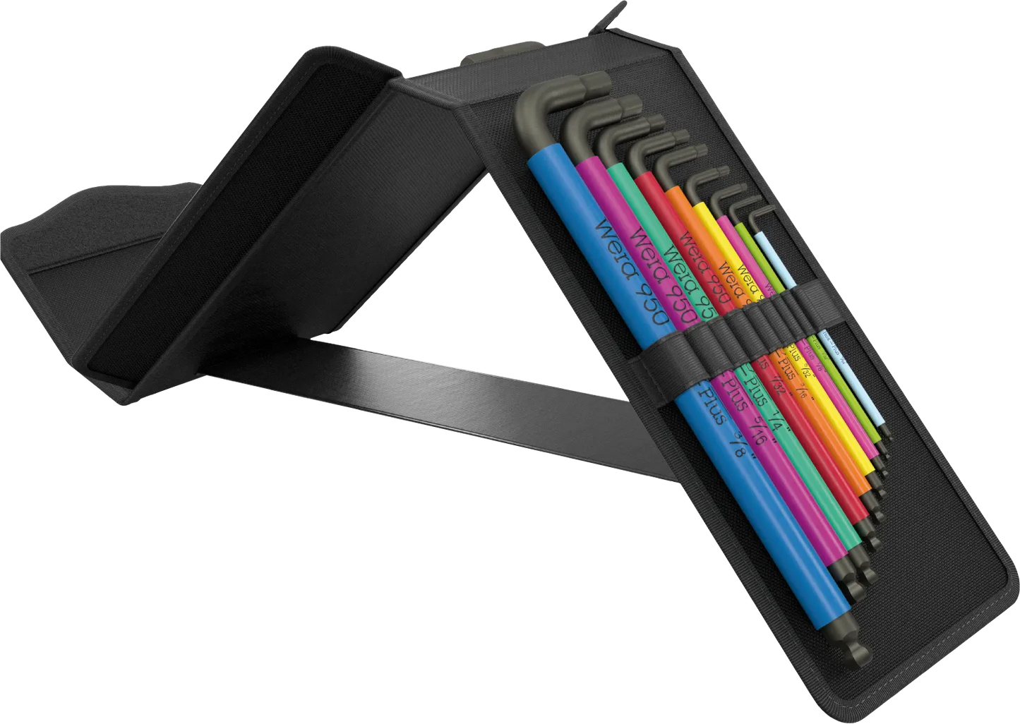 Wera 05133286001 Big Pack upright pop-up textile storage box holding 9 color-coded imperial SAE Hex-Plus L-keys in a standing position.