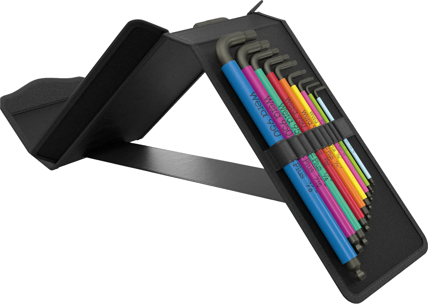 Wera 05133286001 Big Pack upright pop-up textile storage box holding 9 color-coded imperial SAE Hex-Plus L-keys in a standing position.
