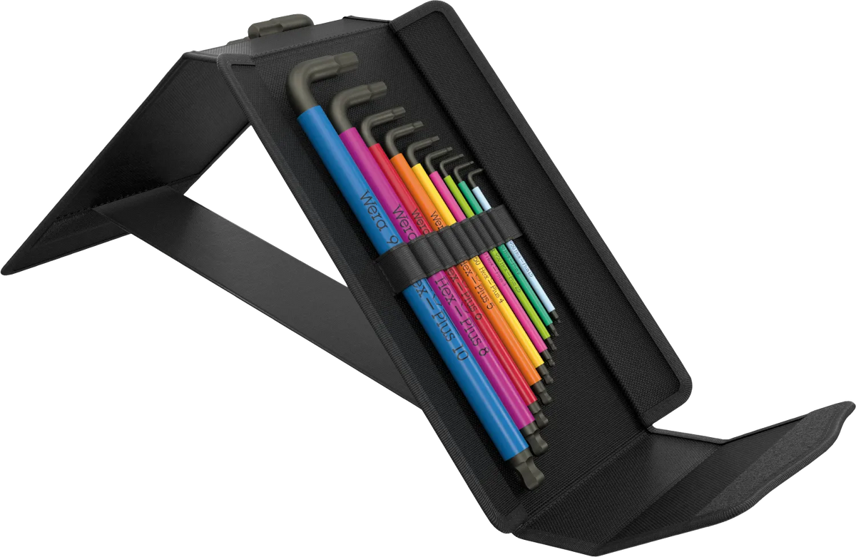 Wera 05133286001 Big Pack self-standing pop-up textile box holding 9 color-coded metric Hex-Plus L-keys for easy tool selection.