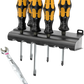 Wera 05136078001 Limited Edition set featuring 5 Kraftform Chiseldrivers in a wall rack alongside a Joker 6002 double open-end spanner.