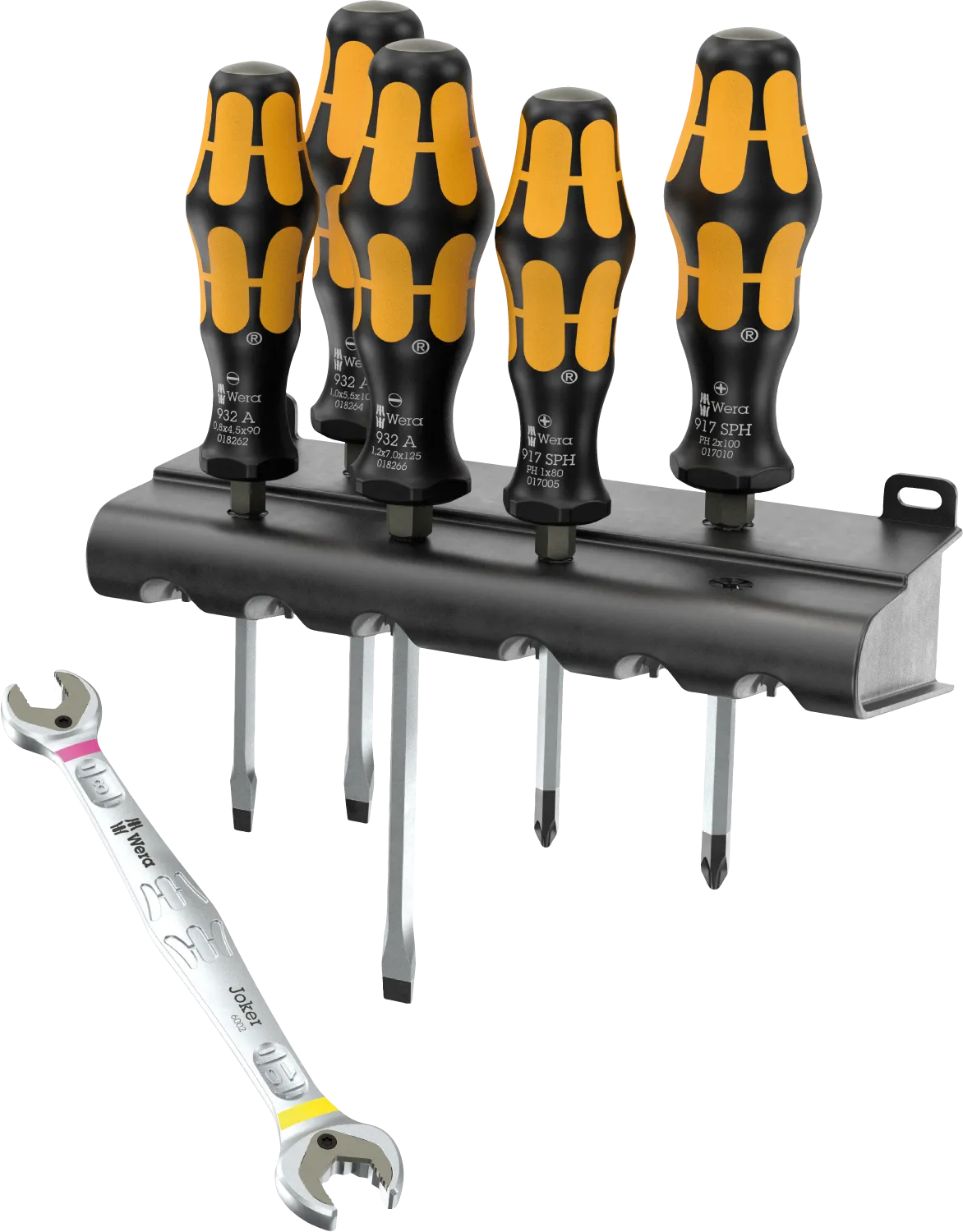 Wera 05136078001 Limited Edition set featuring 5 Kraftform Chiseldrivers in a wall rack alongside a Joker 6002 double open-end spanner.