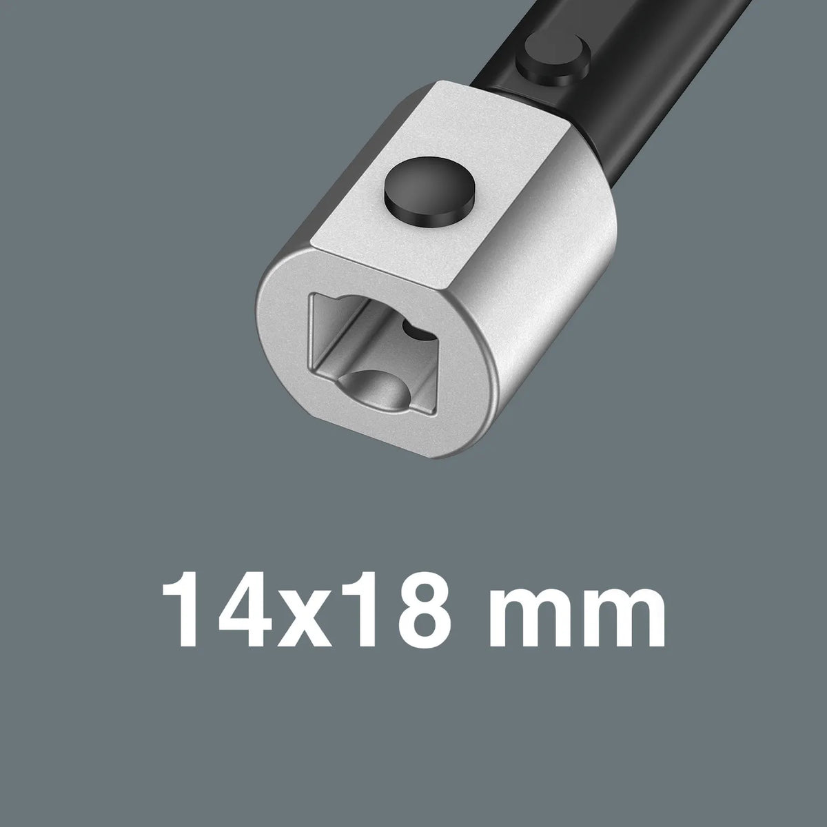 Close-up of a 14x18 mm rectangular drive receiver socket on a torque wrench handle