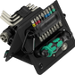Assembled Wera 2026 holiday tool set folded into a self-standing triangular desk pouch, securely holding the L-keys, screwdriver bits, Kraftform handle, and Flashdriver torch.