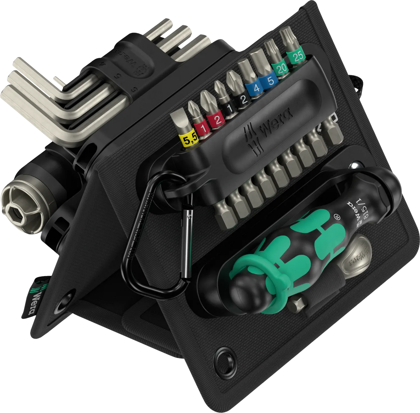Assembled Wera 2026 holiday tool set folded into a self-standing triangular desk pouch, securely holding the L-keys, screwdriver bits, Kraftform handle, and Flashdriver torch.