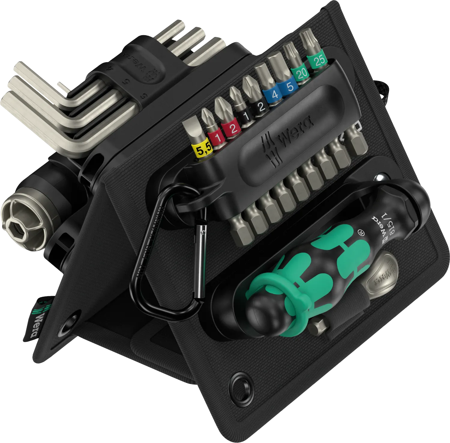 Assembled Wera 2026 holiday tool set folded into a self-standing triangular desk pouch, securely holding the L-keys, screwdriver bits, Kraftform handle, and Flashdriver torch.