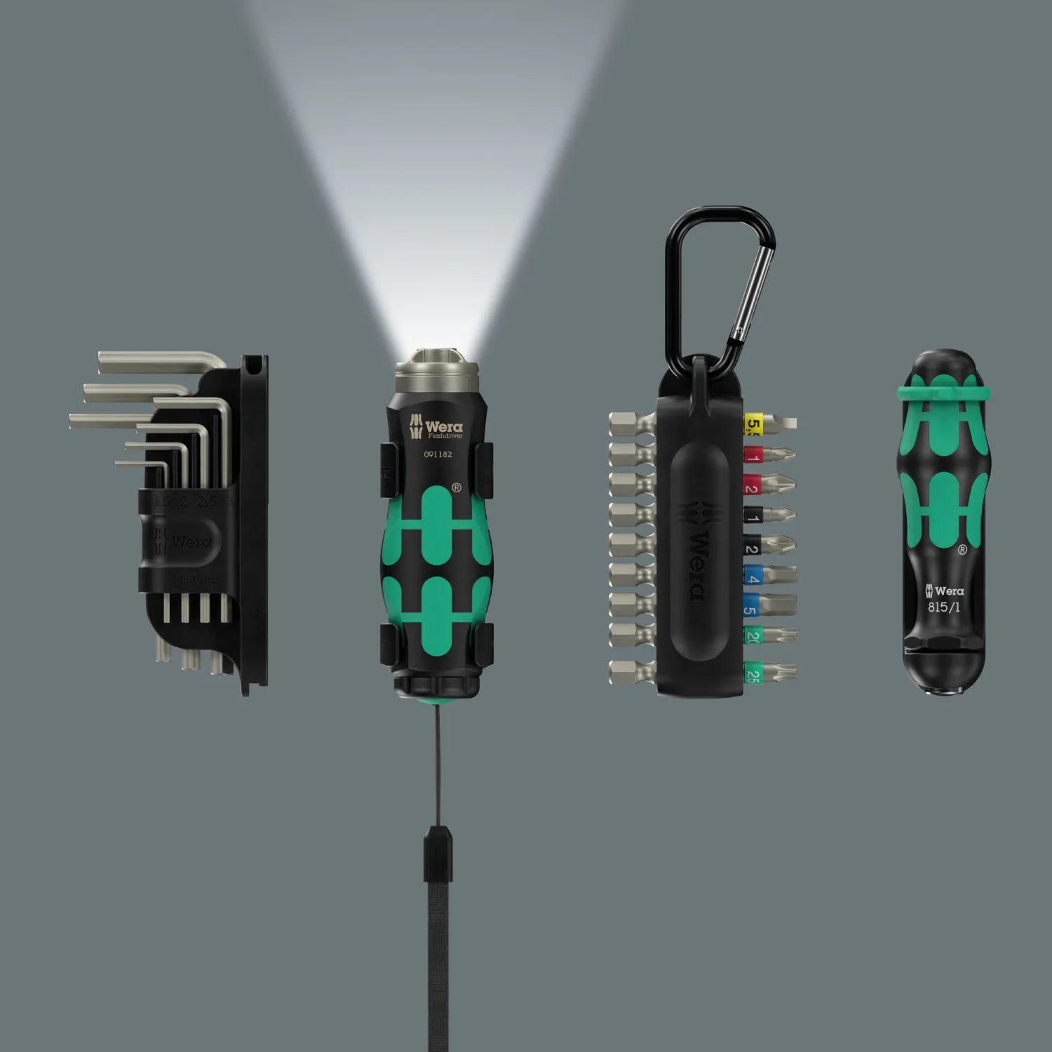 Lineup of the four main components from the Wera 2026 tool calendar, featuring the metric hex keys, a glowing Flashdriver torch casting a bright beam of light, the bit holder with carabiner clip, and the bit handle.