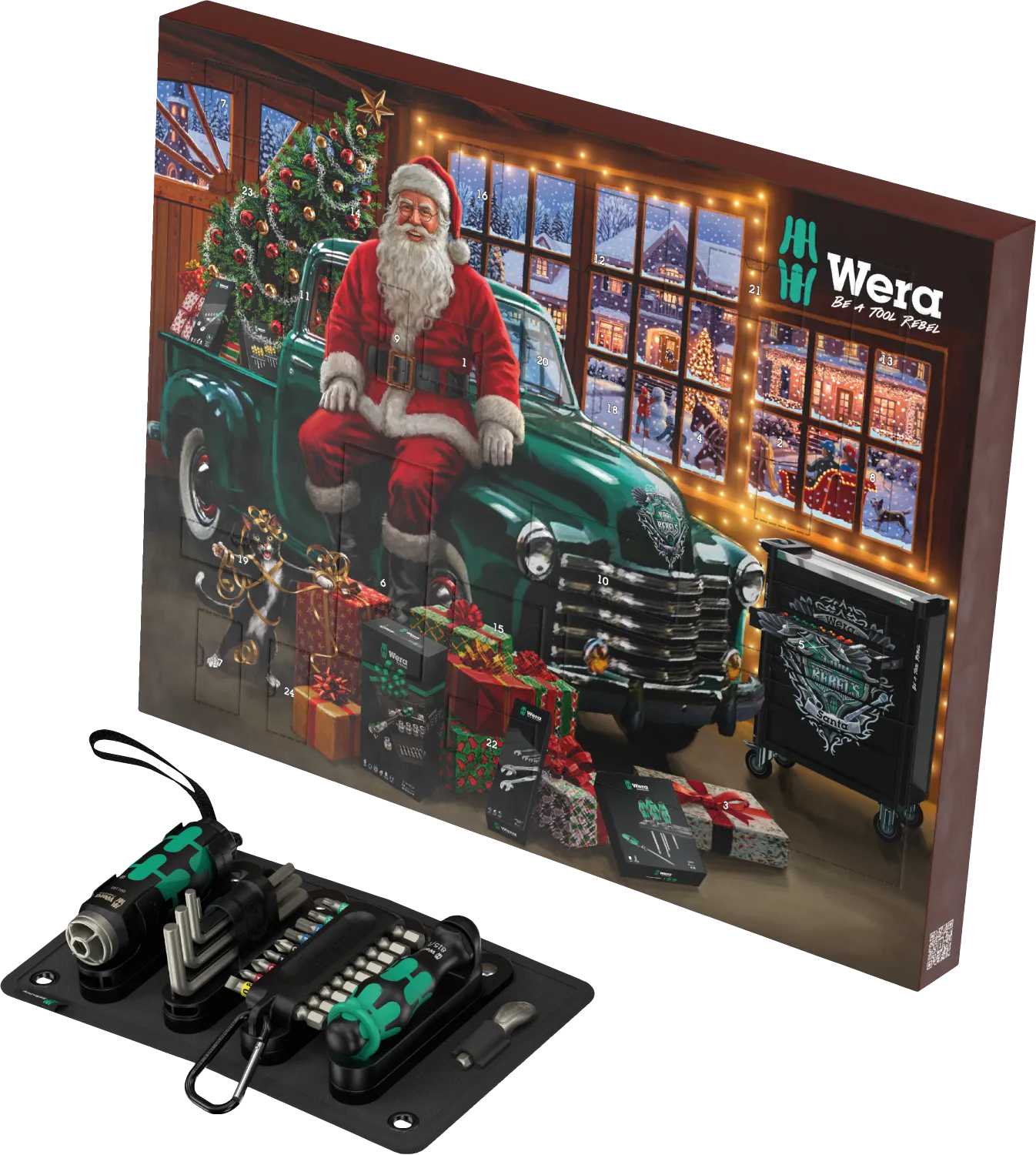 The limited-edition Wera 2026 Advent tool calendar packaging pictured next to the storage mat opened completely flat, displaying the organized screwdriver handle, bits, L-keys, and Flashdriver torch.